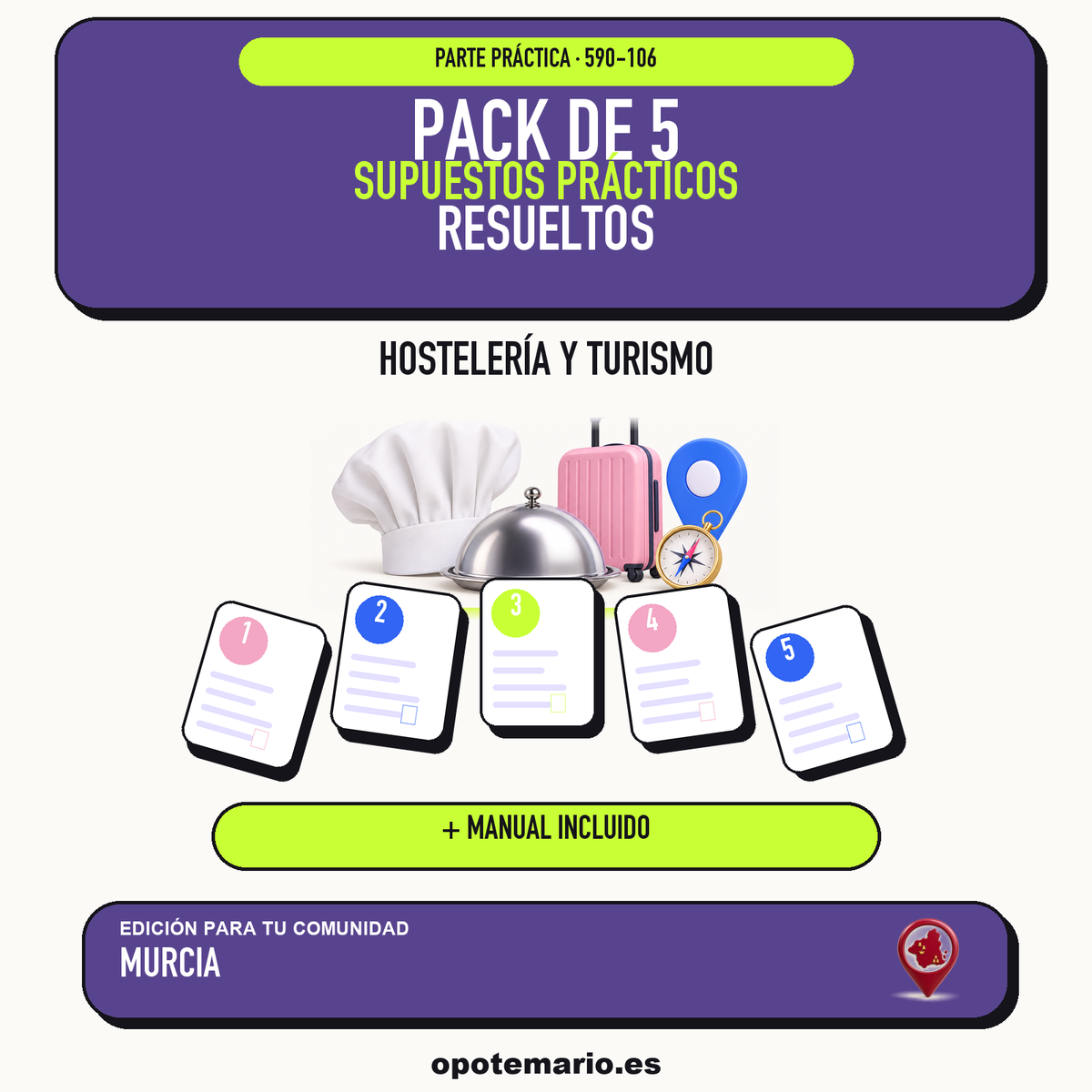 Pack de 5 supuestos prácticos resueltos de Hostelería y Turismo en Murcia. Incluye manual específico. PDF de Opotemario.