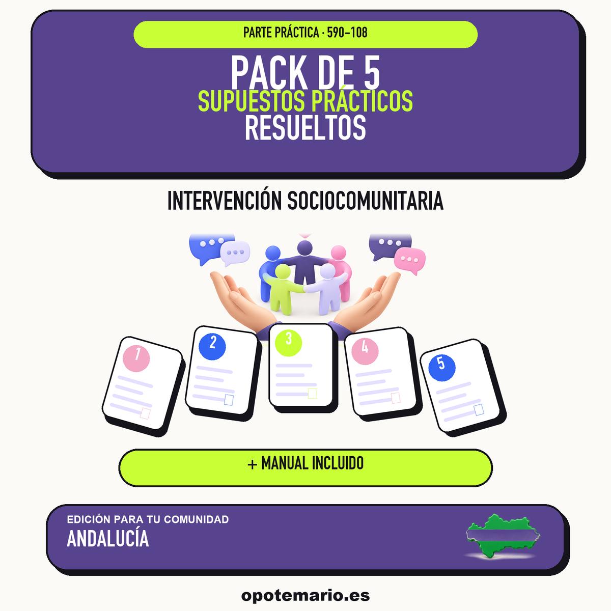 Pack de 5 supuestos prácticos resueltos de Intervención Sociocomunitaria en Andalucía. Incluye manual específico. PDF de Opotemario.