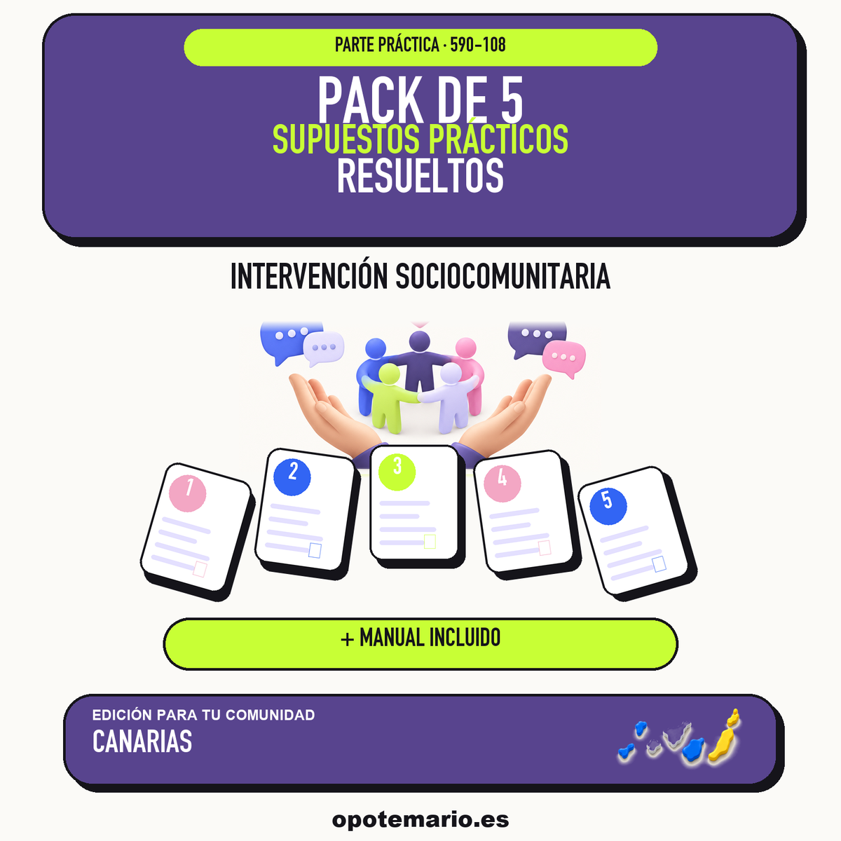 Pack de 5 supuestos prácticos resueltos de Intervención Sociocomunitaria en Canarias. Incluye manual específico. PDF de Opotemario.
