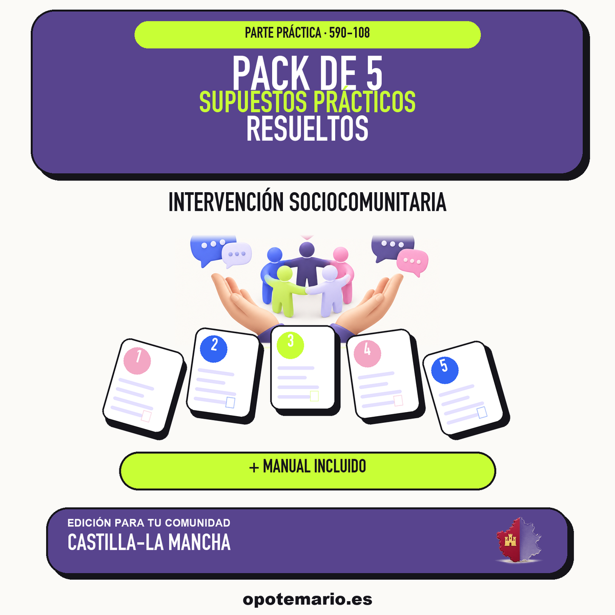 Pack de 5 supuestos prácticos resueltos de Intervención Sociocomunitaria en Castilla-La Mancha. Incluye manual específico. PDF de Opotemario.