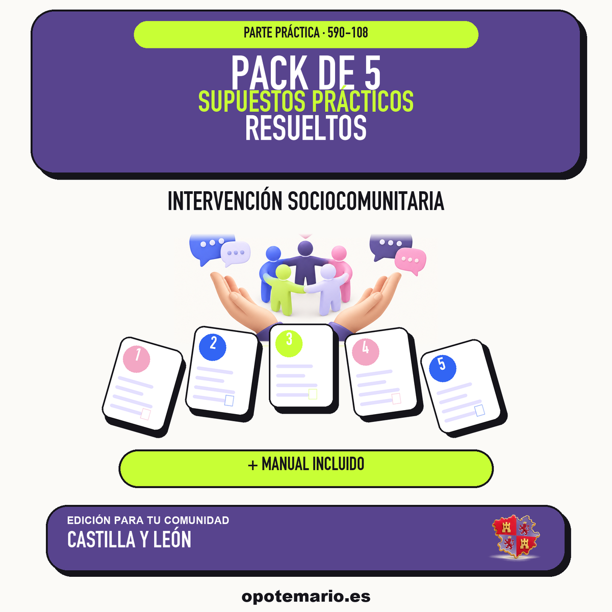 Pack de 5 supuestos prácticos resueltos de Intervención Sociocomunitaria en Castilla y León. Incluye manual específico. PDF de Opotemario.