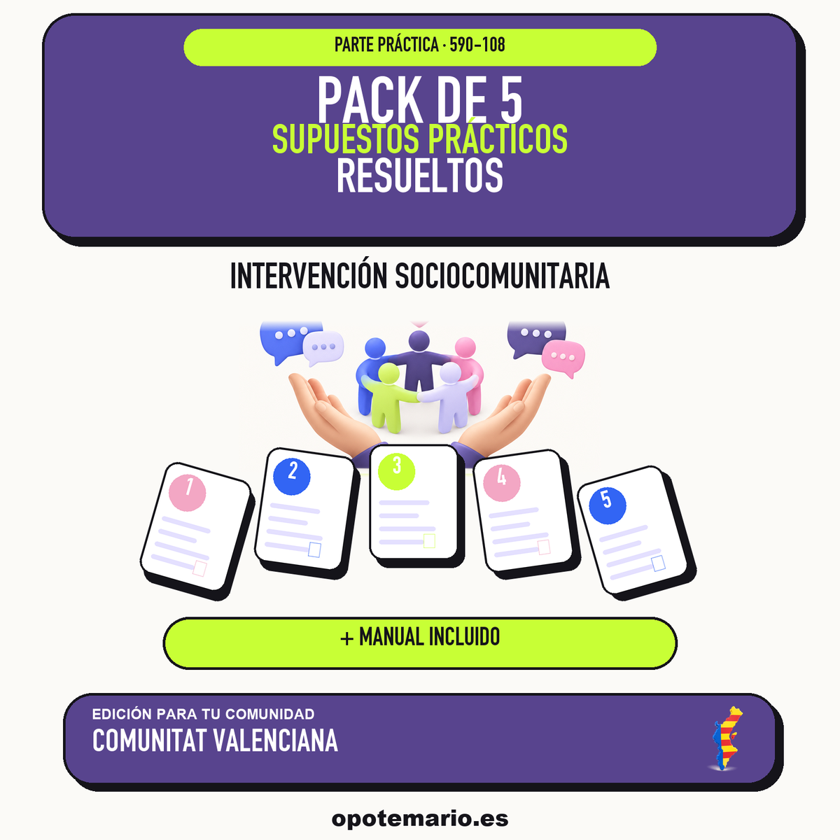 Pack de 5 supuestos prácticos resueltos de Intervención Sociocomunitaria en Comunitat Valenciana. Incluye manual específico. PDF de Opotemario.