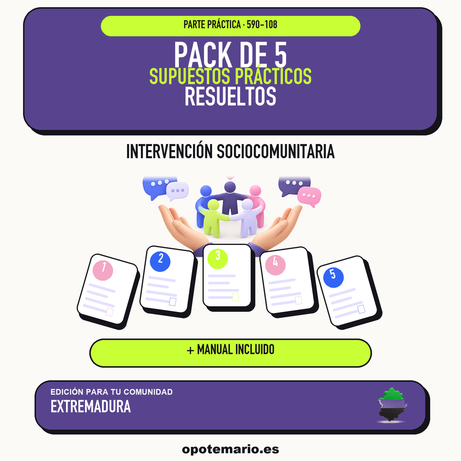 Pack de 5 supuestos prácticos resueltos de Intervención Sociocomunitaria en Extremadura. Incluye manual específico. PDF de Opotemario.