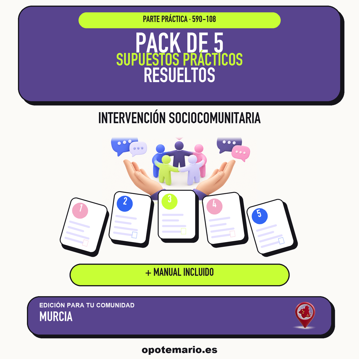 Pack de 5 supuestos prácticos resueltos de Intervención Sociocomunitaria en Murcia. Incluye manual específico. PDF de Opotemario.
