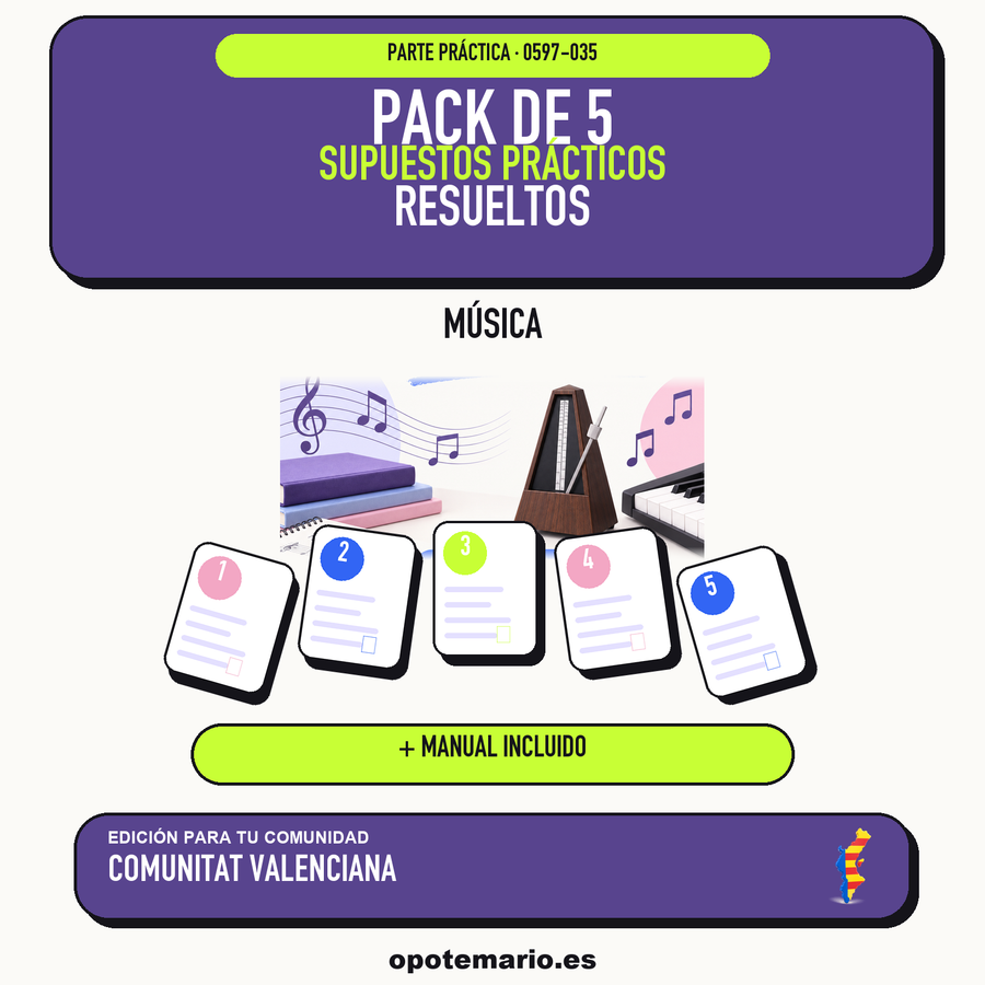 Pack de 5 supuestos prácticos resueltos de Música en Comunitat Valenciana. Incluye manual específico. PDF de Opotemario.