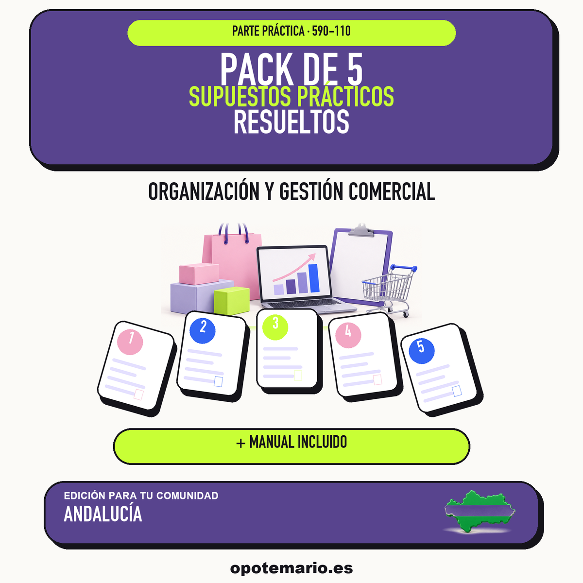 Pack de 5 supuestos prácticos resueltos de Organización y Gestión Comercial en Andalucía. Incluye manual específico. PDF de Opotemario.