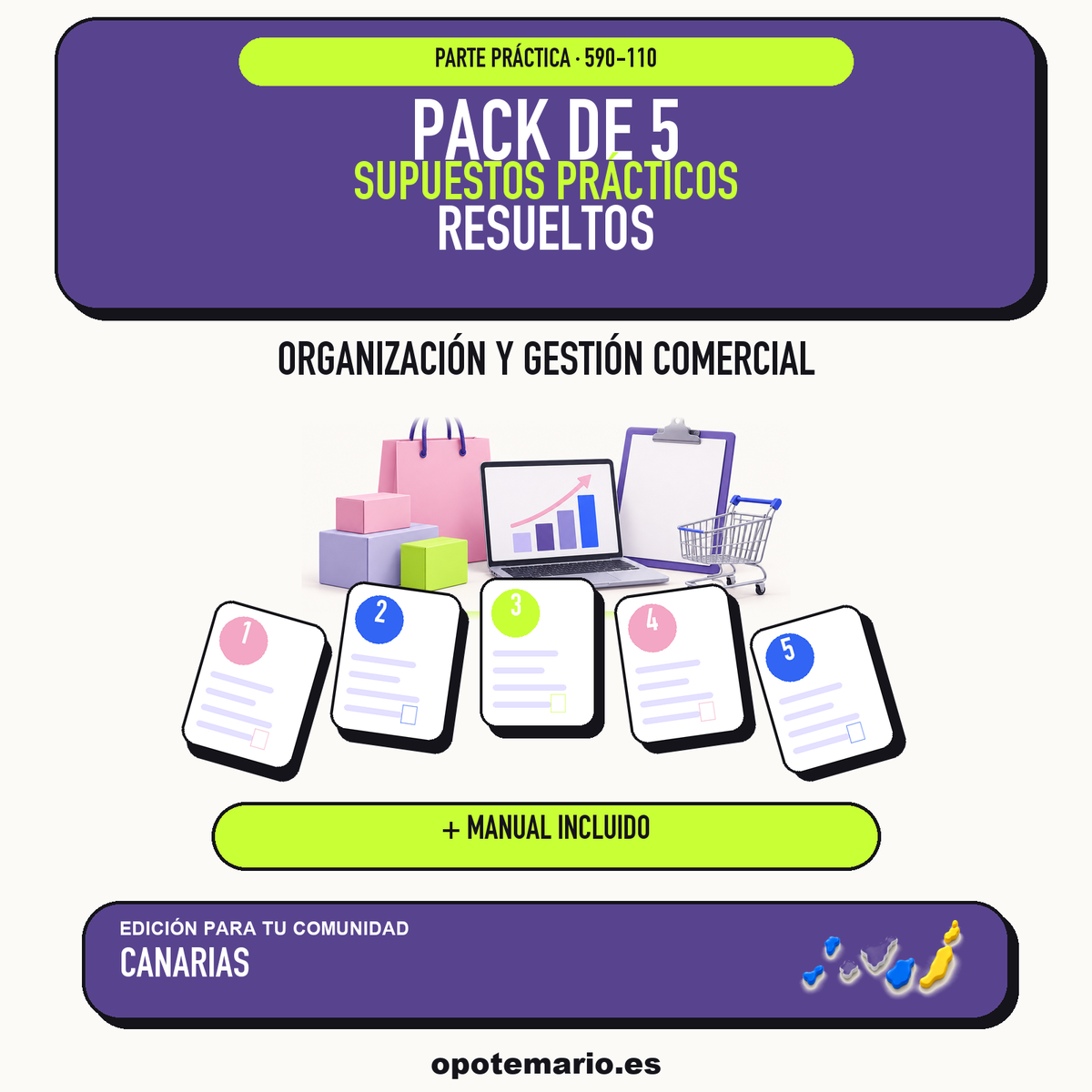 Pack de 5 supuestos prácticos resueltos de Organización y Gestión Comercial en Canarias. Incluye manual específico. PDF de Opotemario.