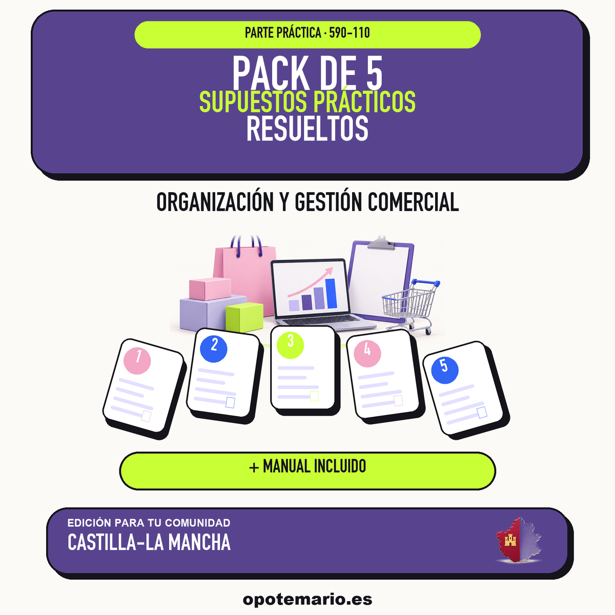 Pack de 5 supuestos prácticos resueltos de Organización y Gestión Comercial en Castilla-La Mancha. Incluye manual específico. PDF de Opotemario.