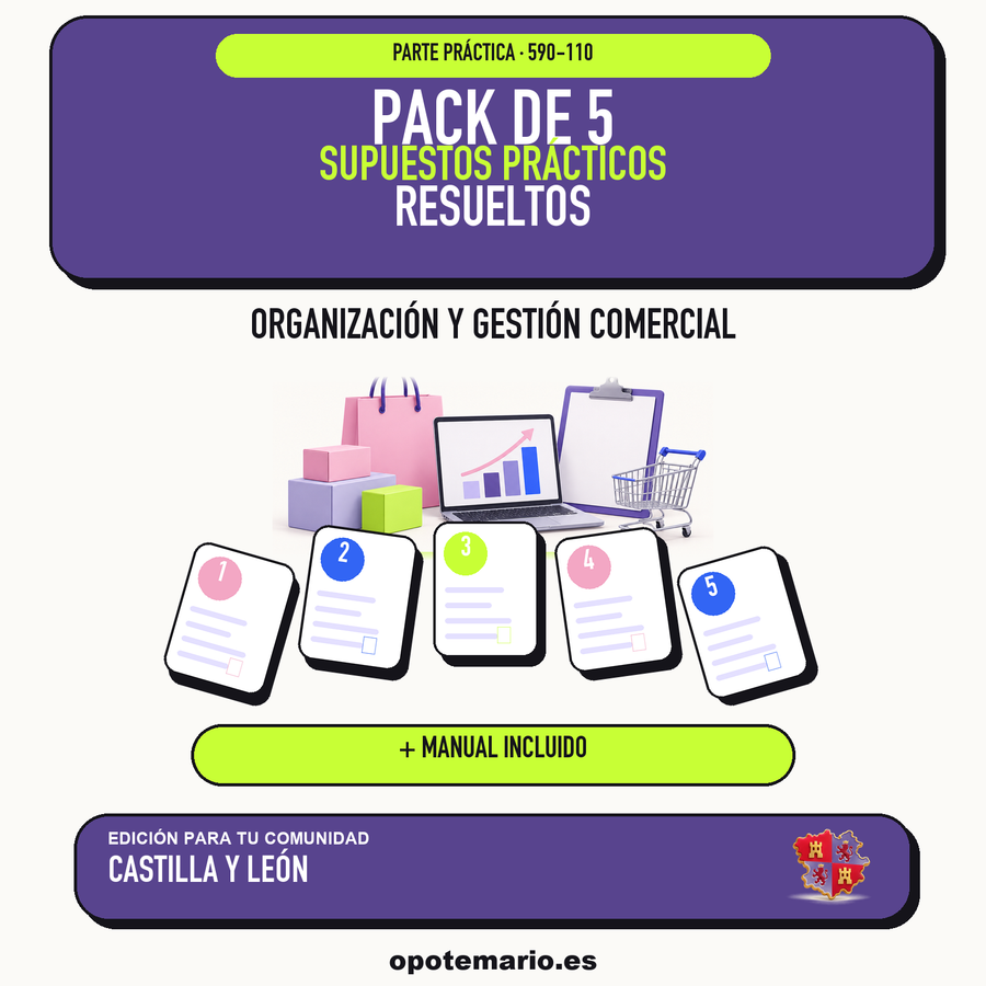 Pack de 5 supuestos prácticos resueltos de Organización y Gestión Comercial en Castilla y León. Incluye manual específico. PDF de Opotemario.