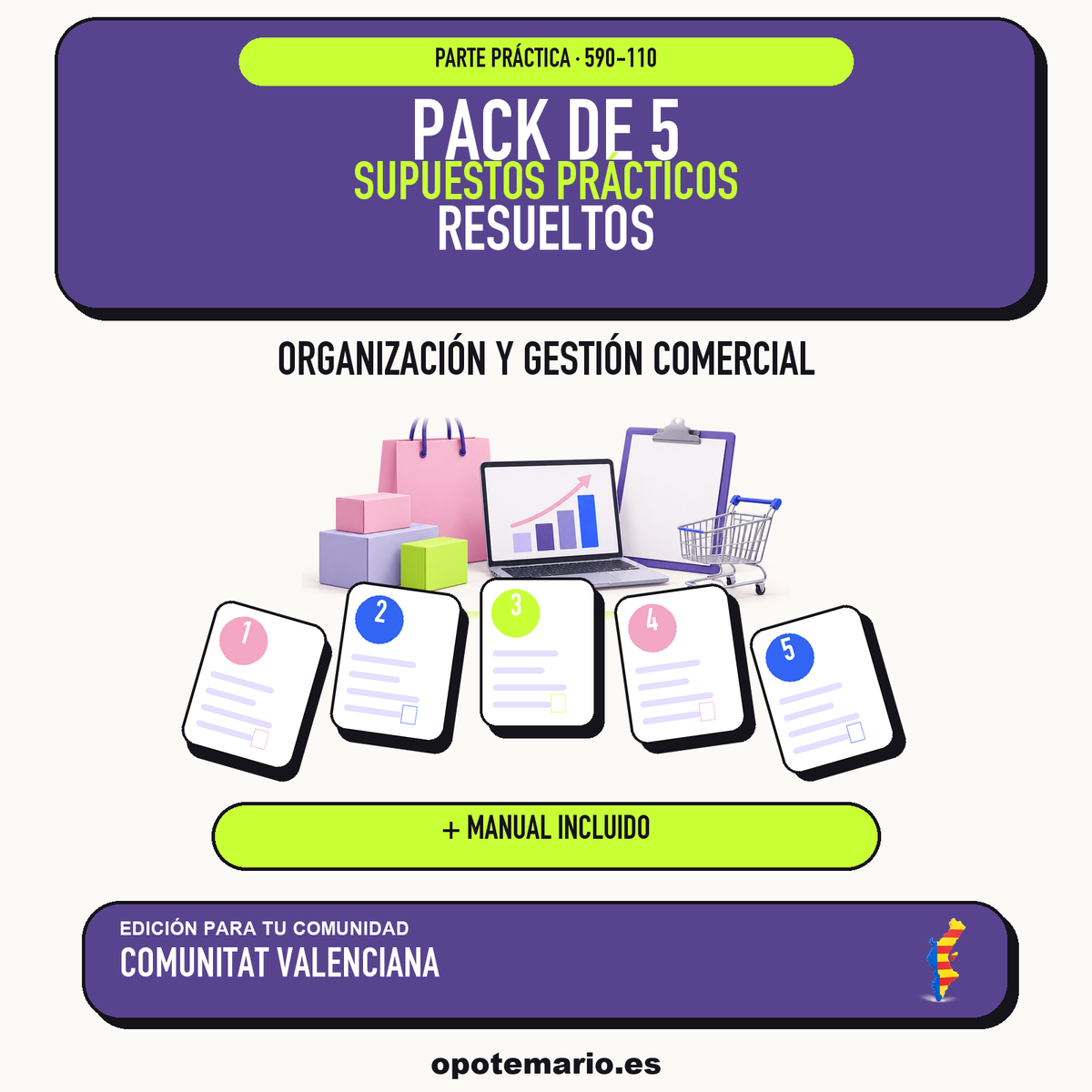 Pack de 5 supuestos prácticos resueltos de Organización y Gestión Comercial en Comunitat Valenciana. Incluye manual específico. PDF de Opotemario.