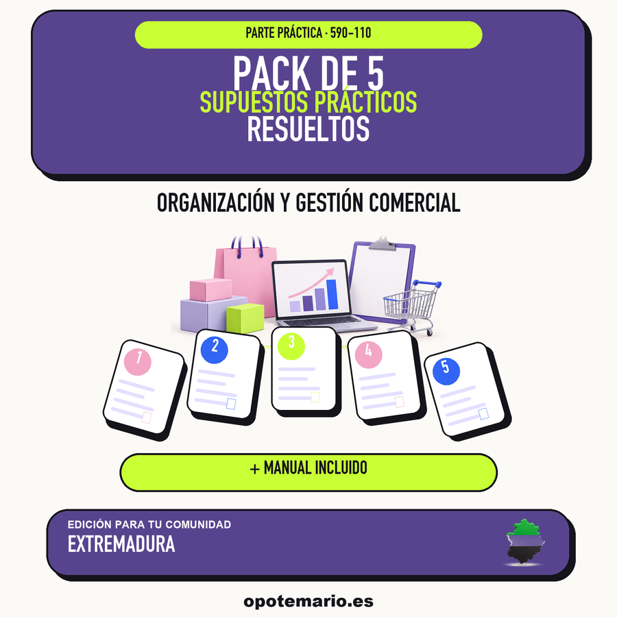 Pack de 5 supuestos prácticos resueltos de Organización y Gestión Comercial en Extremadura. Incluye manual específico. PDF de Opotemario.