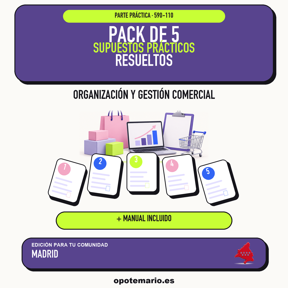 Pack de 5 supuestos prácticos resueltos de Organización y Gestión Comercial en Madrid. Incluye manual específico. PDF de Opotemario.