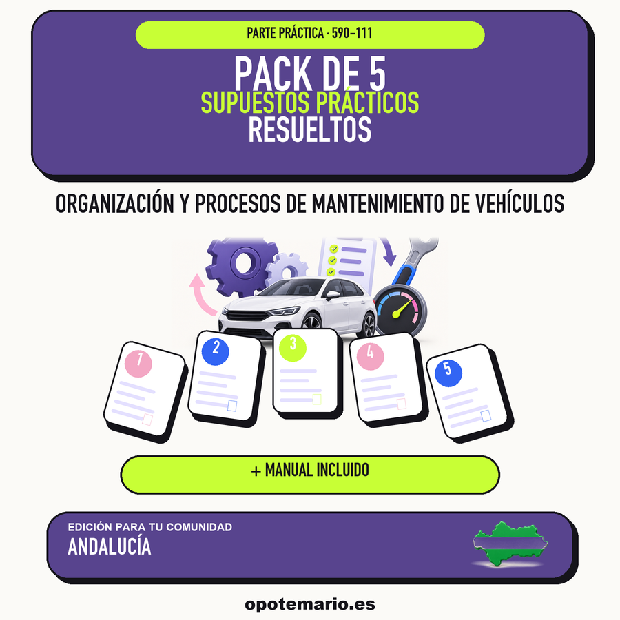 Pack de 5 supuestos prácticos resueltos de Organización y Procesos de Mantenimiento de Vehículos en Andalucía. Incluye manual específico. PDF de Opotemario.