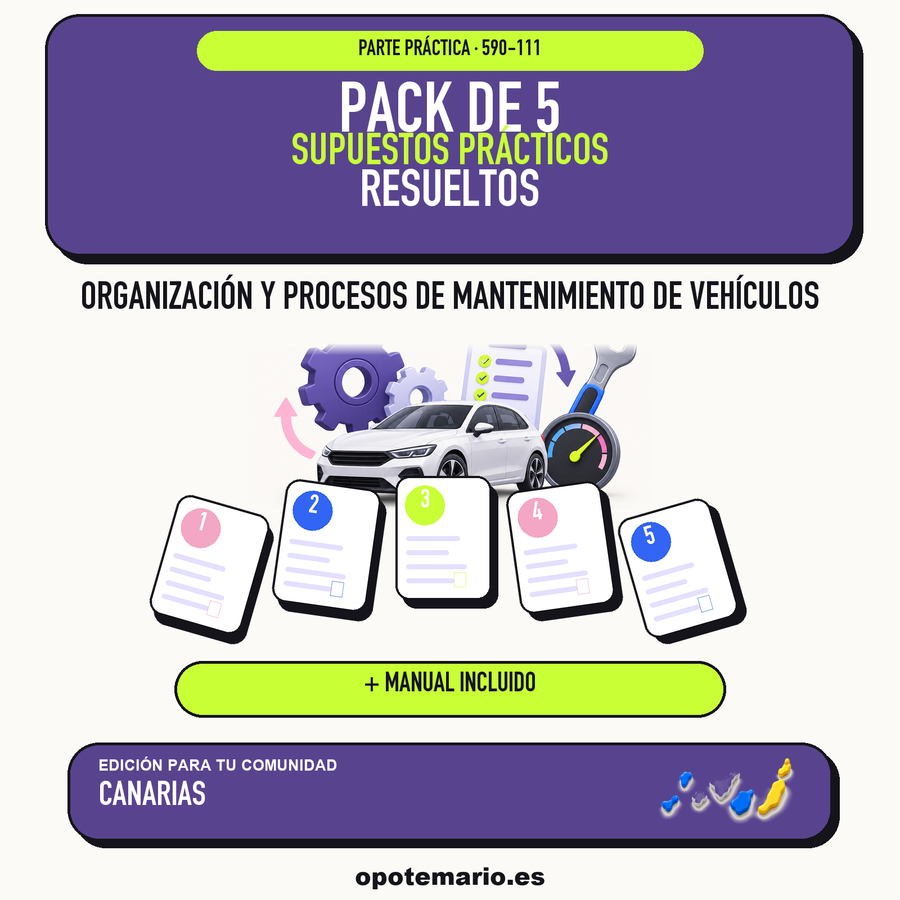 Pack de 5 supuestos prácticos resueltos de Organización y Procesos de Mantenimiento de Vehículos en Canarias. Incluye manual específico. PDF de Opotemario.