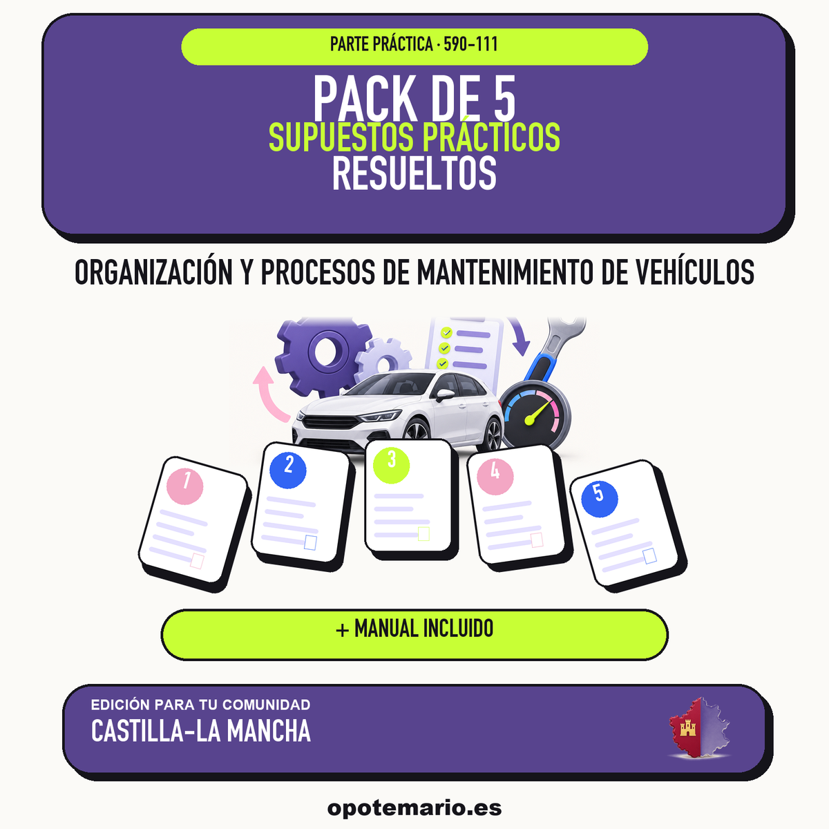 Pack de 5 supuestos prácticos resueltos de Organización y Procesos de Mantenimiento de Vehículos en Castilla-La Mancha. Incluye manual específico. PDF de Opotemario.