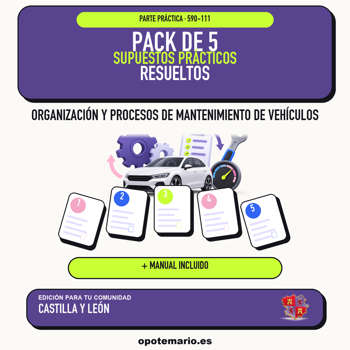Pack de 5 supuestos prácticos resueltos de Organización y Procesos de Mantenimiento de Vehículos en Castilla y León. Incluye manual específico. PDF de Opotemario.