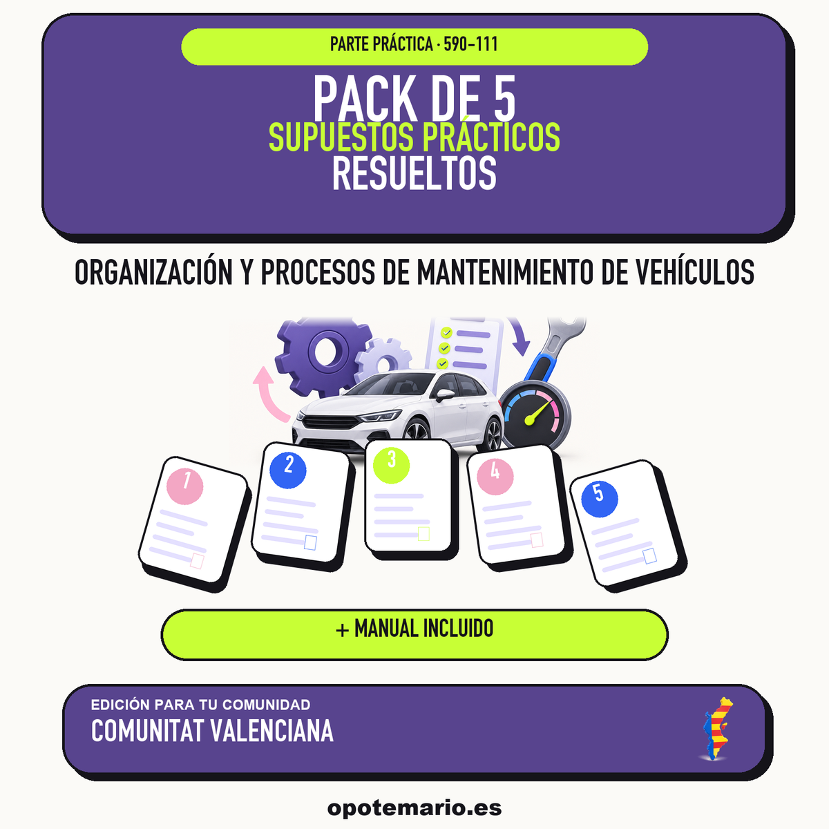 Pack de 5 supuestos prácticos resueltos de Organización y Procesos de Mantenimiento de Vehículos en Comunitat Valenciana. Incluye manual específico. PDF de Opotemario.