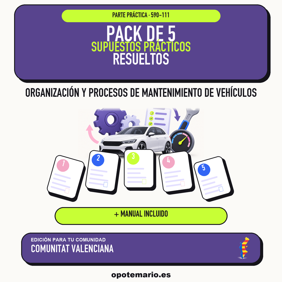 Pack de 5 supuestos prácticos resueltos de Organización y Procesos de Mantenimiento de Vehículos en Comunitat Valenciana. Incluye manual específico. PDF de Opotemario.