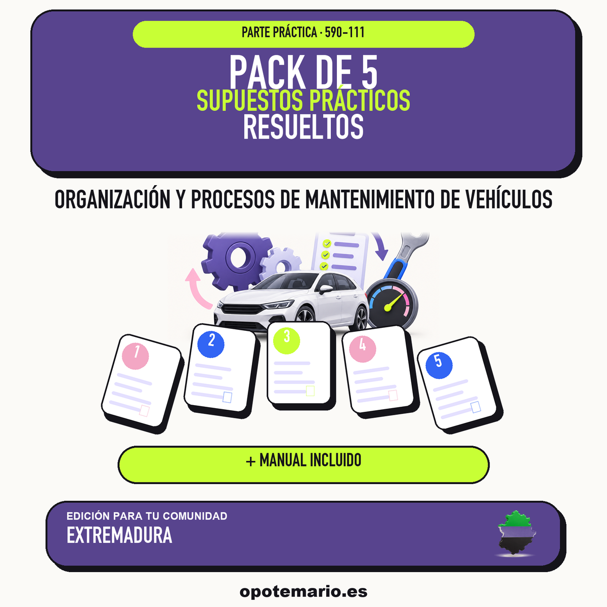 Pack de 5 supuestos prácticos resueltos de Organización y Procesos de Mantenimiento de Vehículos en Extremadura. Incluye manual específico. PDF de Opotemario.