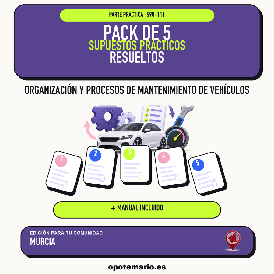 Pack de 5 supuestos prácticos resueltos de Organización y Procesos de Mantenimiento de Vehículos en Murcia. Incluye manual específico. PDF de Opotemario.