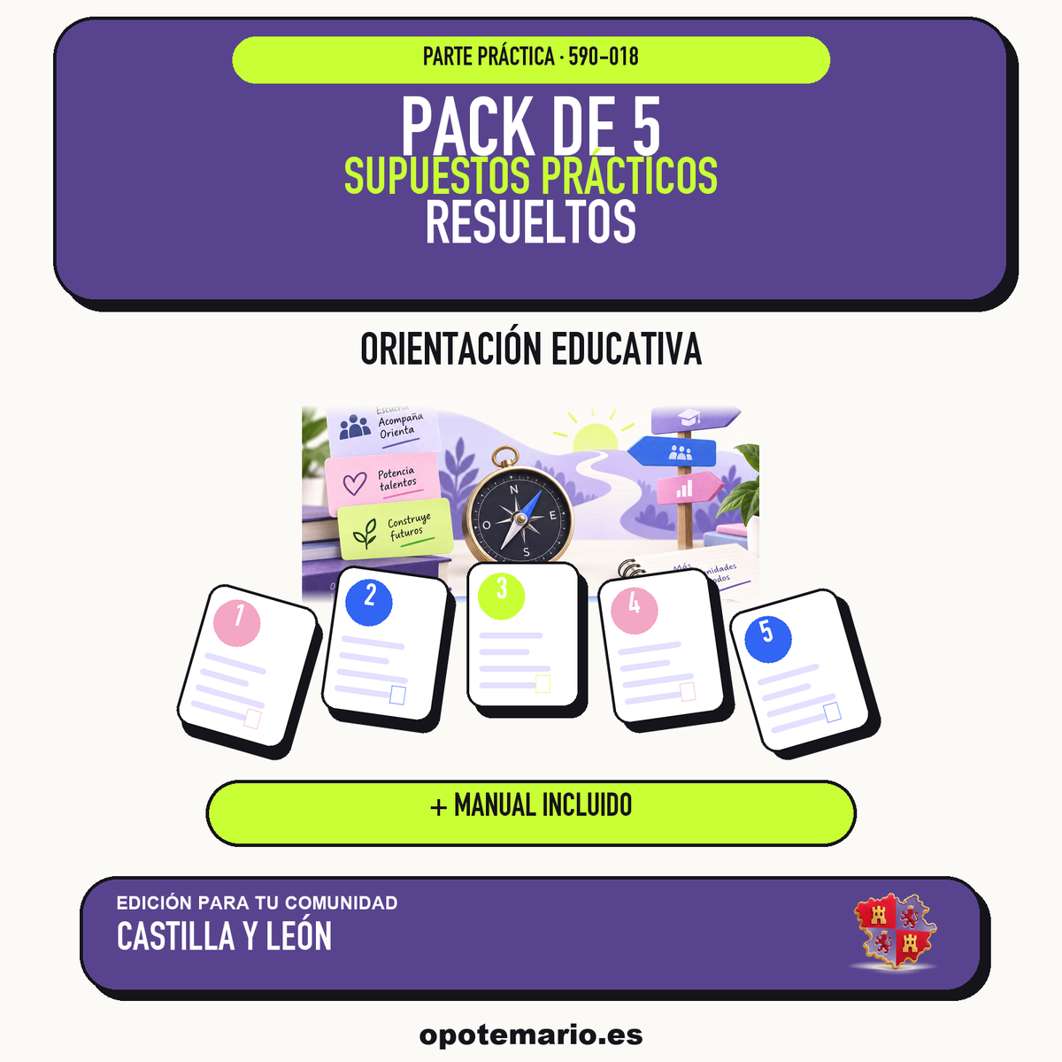 Pack de 5 supuestos prácticos resueltos de Orientación Educativa en Castilla y León. Incluye manual específico. PDF de Opotemario.