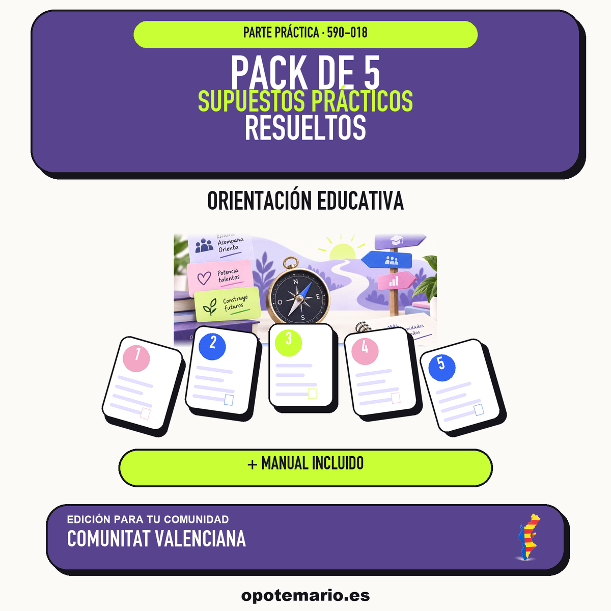 Pack de 5 supuestos prácticos resueltos de Orientación Educativa en Comunitat Valenciana. Incluye manual específico. PDF de Opotemario.