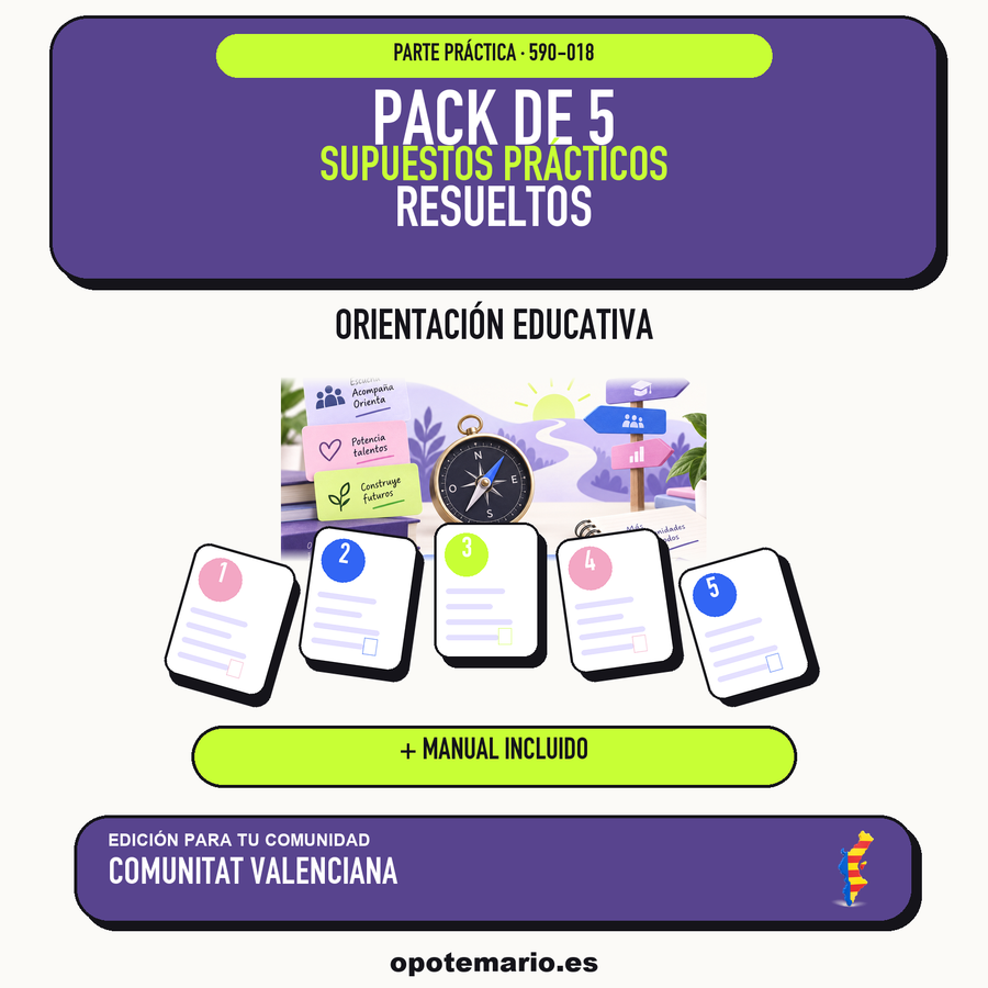 Pack de 5 supuestos prácticos resueltos de Orientación Educativa en Comunitat Valenciana. Incluye manual específico. PDF de Opotemario.