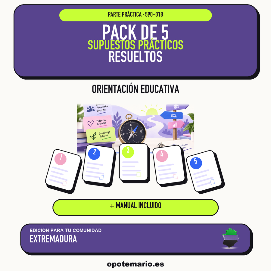 Pack de 5 supuestos prácticos resueltos de Orientación Educativa en Extremadura. Incluye manual específico. PDF de Opotemario.