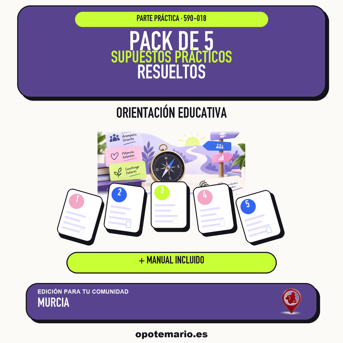 Pack de 5 supuestos prácticos resueltos de Orientación Educativa en Murcia. Incluye manual específico. PDF de Opotemario.