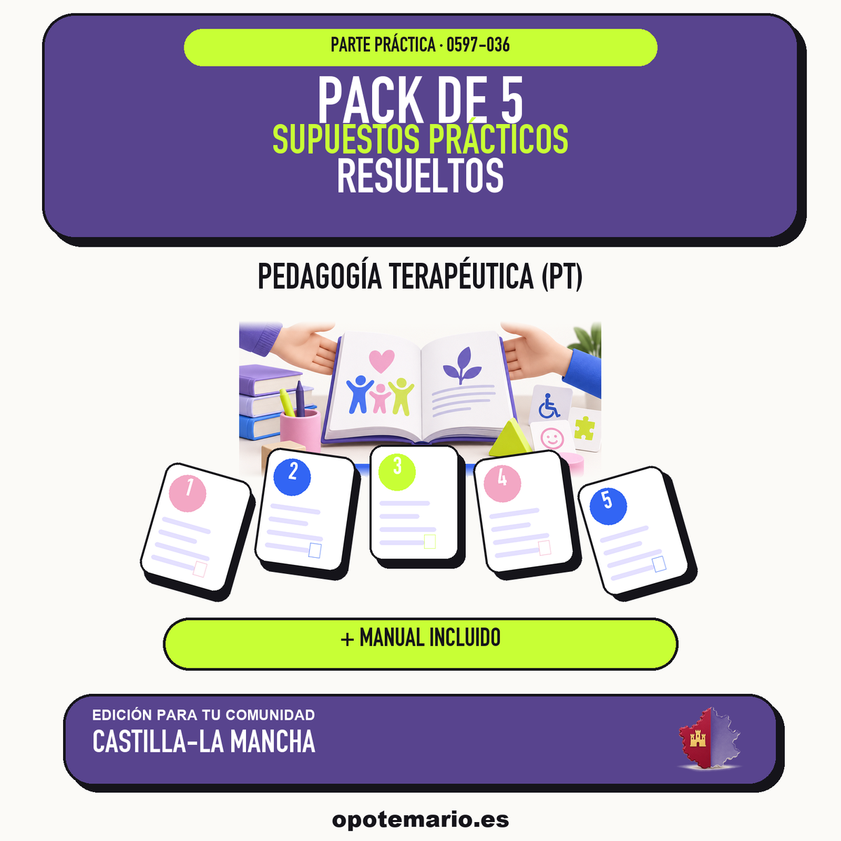 Pack de 5 supuestos prácticos resueltos de Pedagogía Terapéutica (PT) en Castilla-La Mancha. Incluye manual específico. PDF de Opotemario.