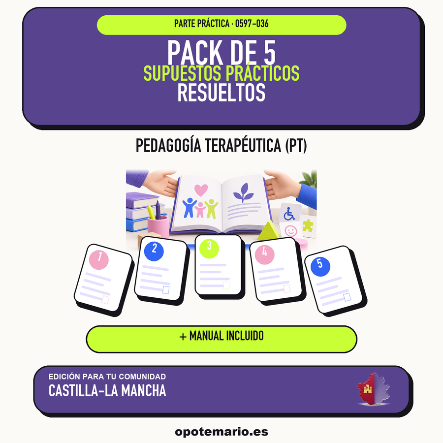 Pack de 5 supuestos prácticos resueltos de Pedagogía Terapéutica (PT) en Castilla-La Mancha. Incluye manual específico. PDF de Opotemario.