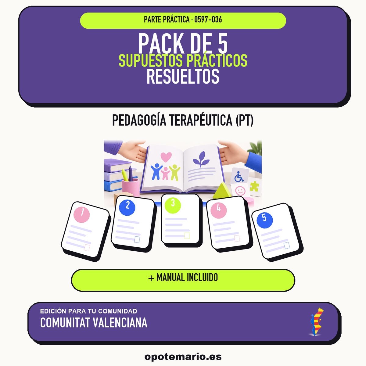 Pack de 5 supuestos prácticos resueltos de Pedagogía Terapéutica (PT) en Comunitat Valenciana. Incluye manual específico. PDF de Opotemario.