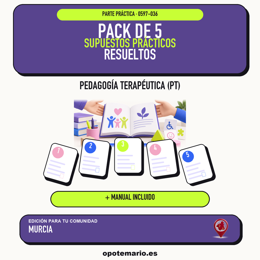 Pack de 5 supuestos prácticos resueltos de Pedagogía Terapéutica (PT) en Murcia. Incluye manual específico. PDF de Opotemario.