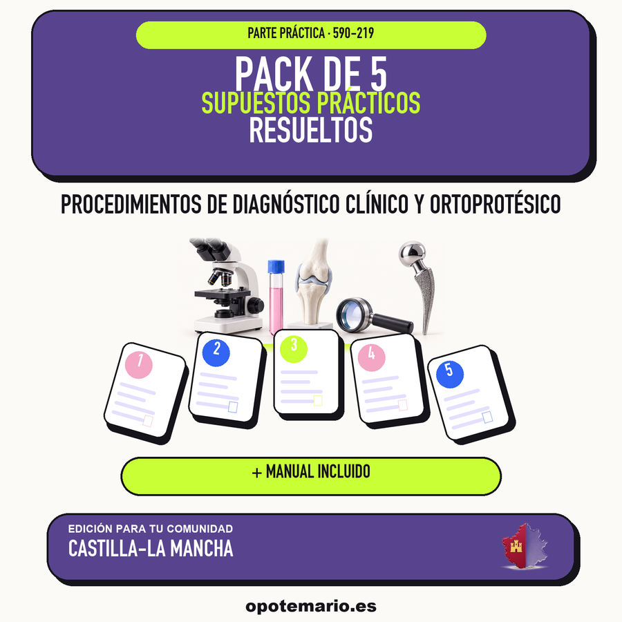Pack de 5 supuestos prácticos resueltos de Procedimientos de Diagnóstico Clínico y Ortoprotésico en Castilla-La Mancha. Incluye manual específico. PDF de Opotemario.