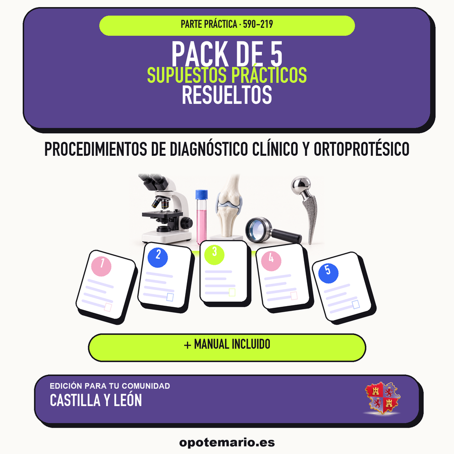 Pack de 5 supuestos prácticos resueltos de Procedimientos de Diagnóstico Clínico y Ortoprotésico en Castilla y León. Incluye manual específico. PDF de Opotemario.