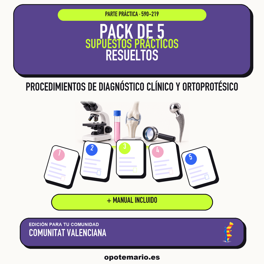 Pack de 5 supuestos prácticos resueltos de Procedimientos de Diagnóstico Clínico y Ortoprotésico en Comunitat Valenciana. Incluye manual específico. PDF de Opotemario.