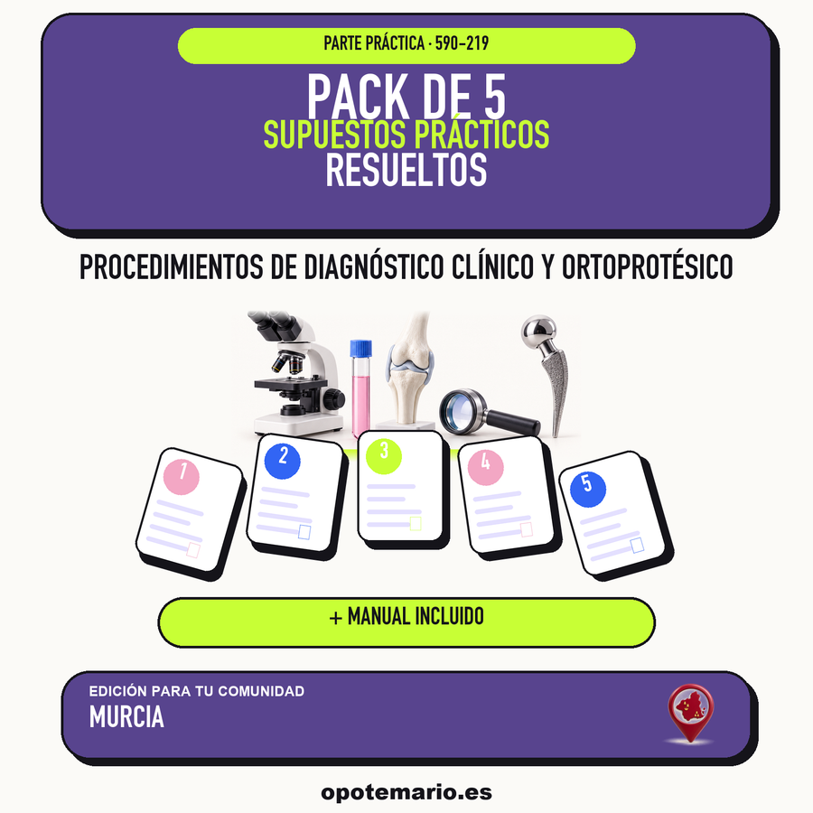 Pack de 5 supuestos prácticos resueltos de Procedimientos de Diagnóstico Clínico y Ortoprotésico en Murcia. Incluye manual específico. PDF de Opotemario.