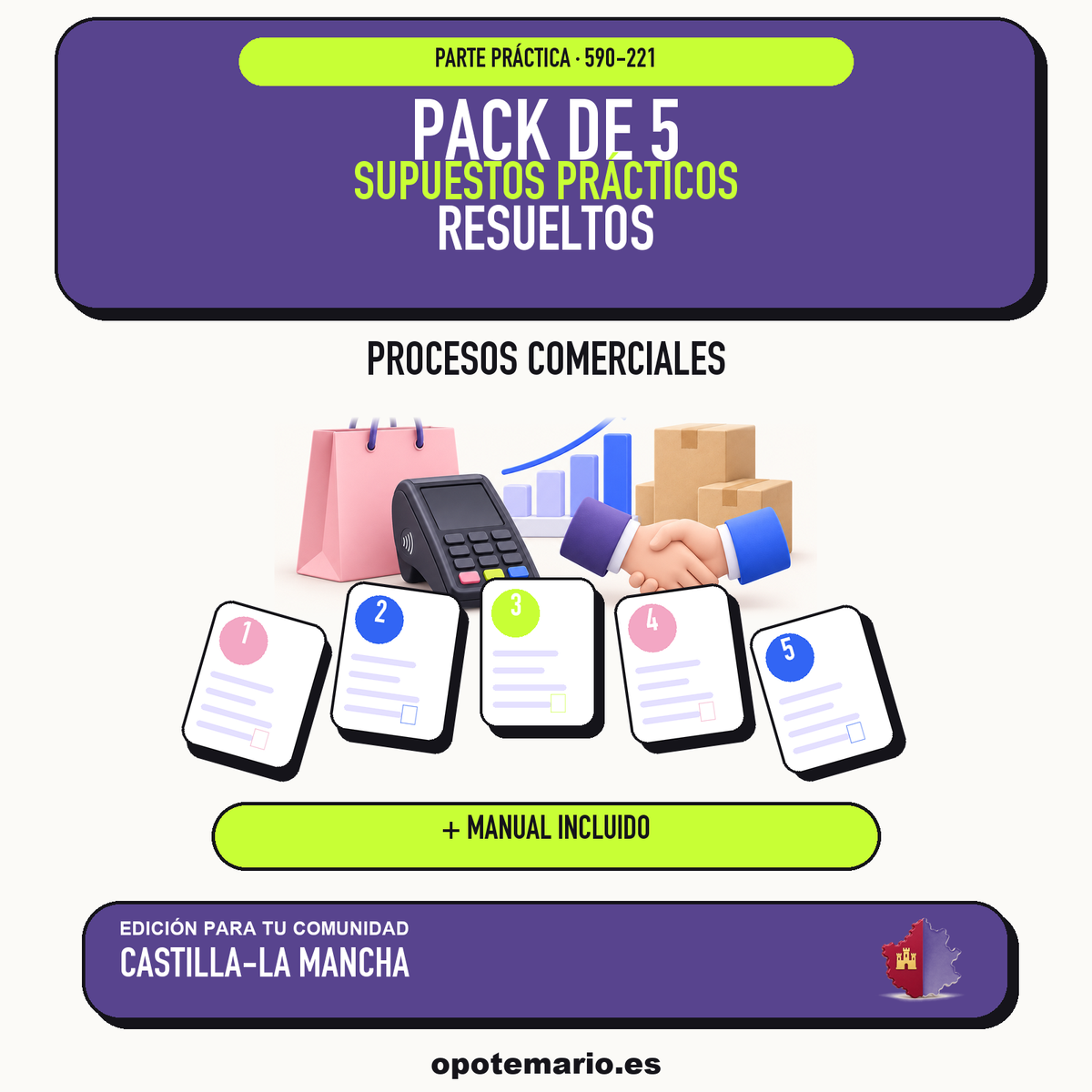 Pack de 5 supuestos prácticos resueltos de Procesos Comerciales en Castilla-La Mancha. Incluye manual específico. PDF de Opotemario.