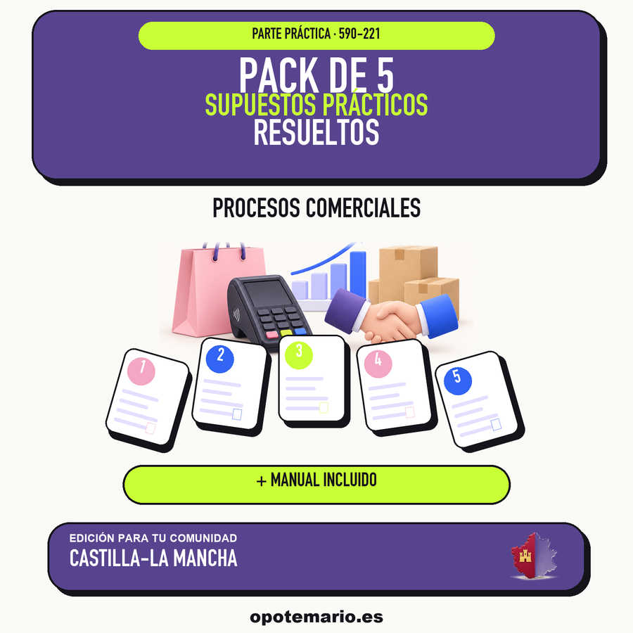 Pack de 5 supuestos prácticos resueltos de Procesos Comerciales en Castilla-La Mancha. Incluye manual específico. PDF de Opotemario.
