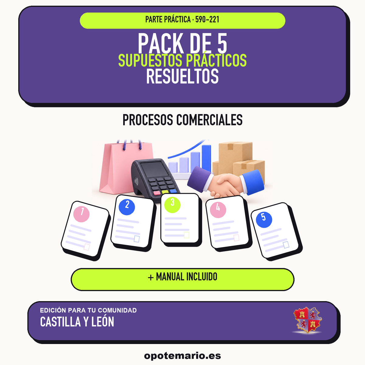 Pack de 5 supuestos prácticos resueltos de Procesos Comerciales en Castilla y León. Incluye manual específico. PDF de Opotemario.