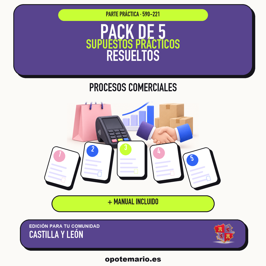 Pack de 5 supuestos prácticos resueltos de Procesos Comerciales en Castilla y León. Incluye manual específico. PDF de Opotemario.