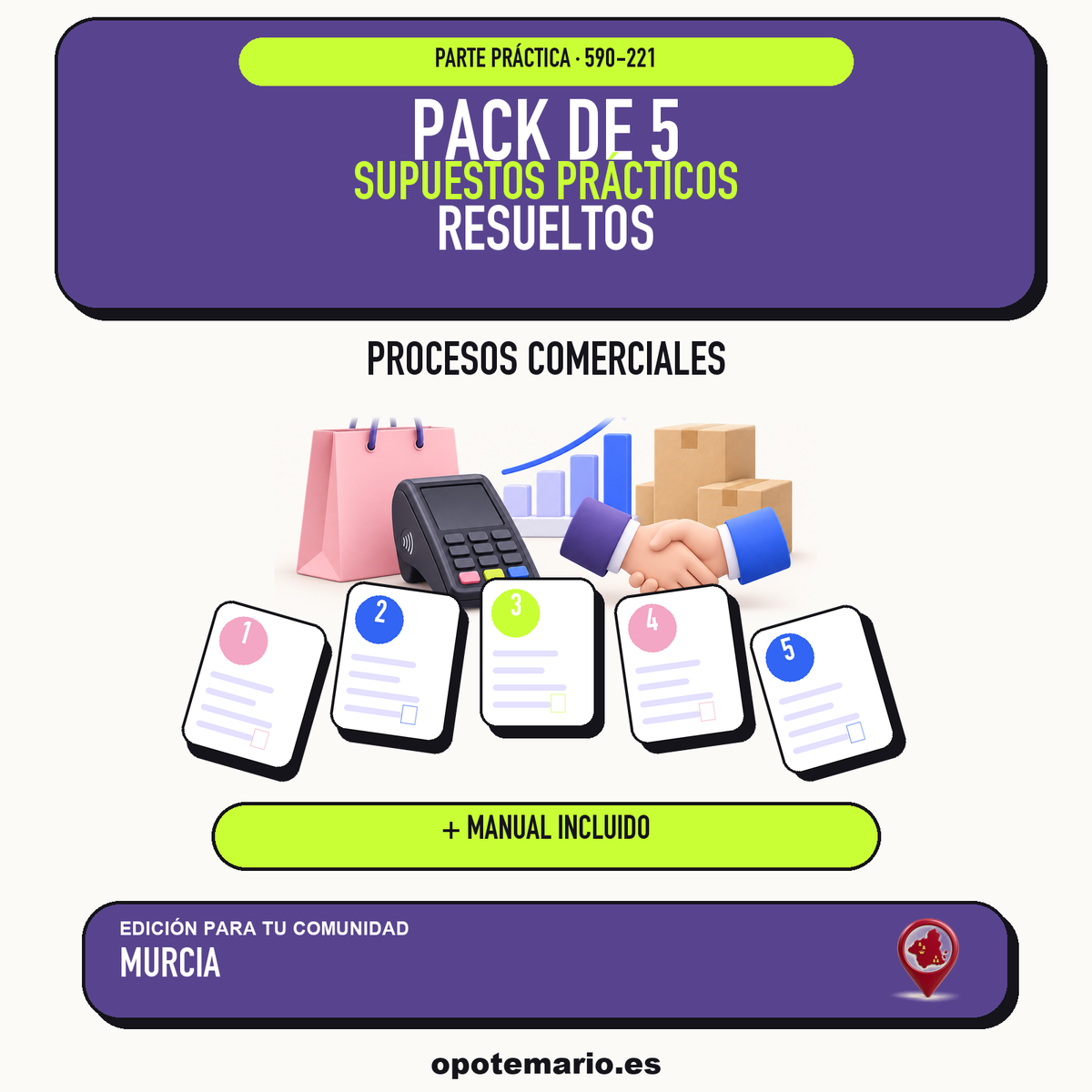Pack de 5 supuestos prácticos resueltos de Procesos Comerciales en Murcia. Incluye manual específico. PDF de Opotemario.