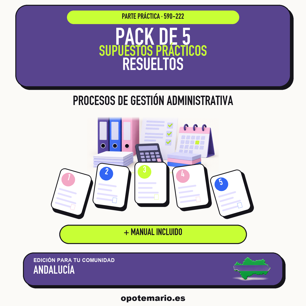 Pack de 5 supuestos prácticos resueltos de Procesos de Gestión Administrativa en Andalucía. Incluye manual específico. PDF de Opotemario.