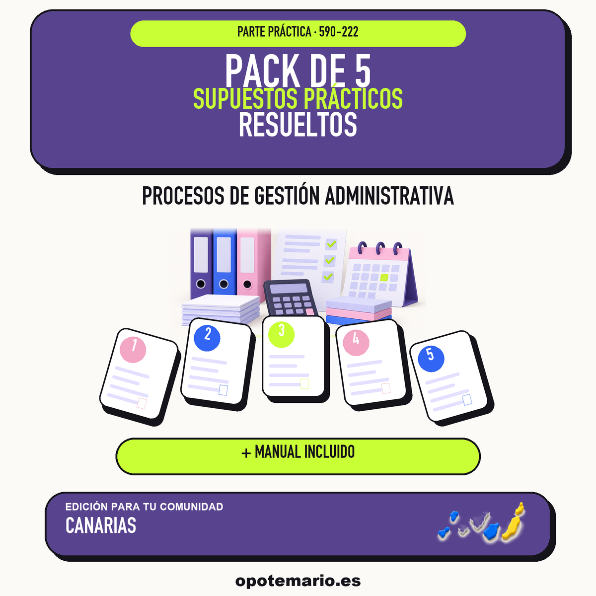 Pack de 5 supuestos prácticos resueltos de Procesos de Gestión Administrativa en Canarias. Incluye manual específico. PDF de Opotemario.
