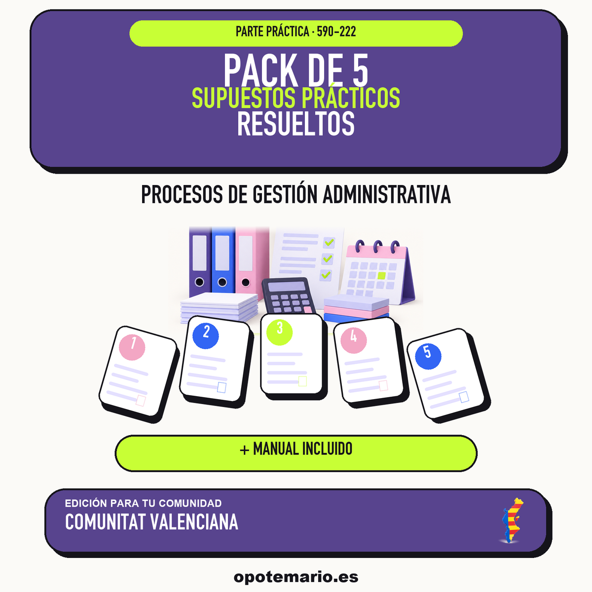 Pack de 5 supuestos prácticos resueltos de Procesos de Gestión Administrativa en Comunitat Valenciana. Incluye manual específico. PDF de Opotemario.