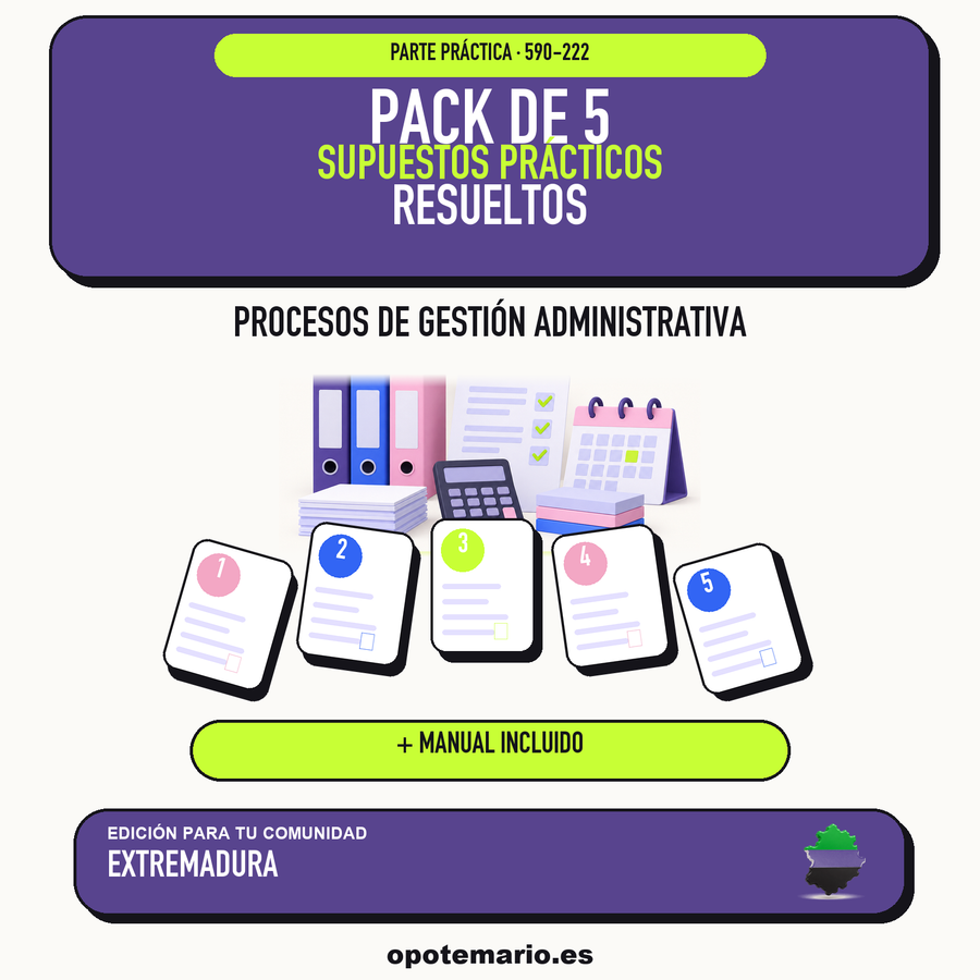 Pack de 5 supuestos prácticos resueltos de Procesos de Gestión Administrativa en Extremadura. Incluye manual específico. PDF de Opotemario.