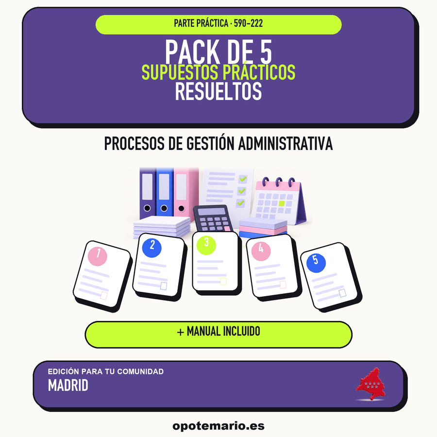 Pack de 5 supuestos prácticos resueltos de Procesos de Gestión Administrativa en Madrid. Incluye manual específico. PDF de Opotemario.