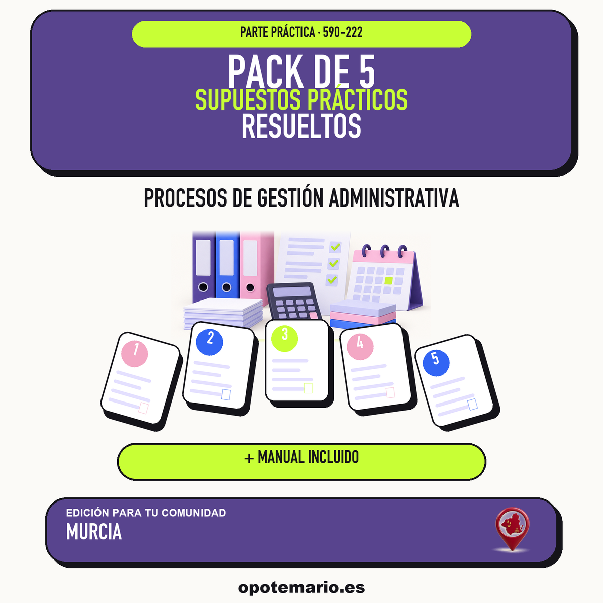 Pack de 5 supuestos prácticos resueltos de Procesos de Gestión Administrativa en Murcia. Incluye manual específico. PDF de Opotemario.