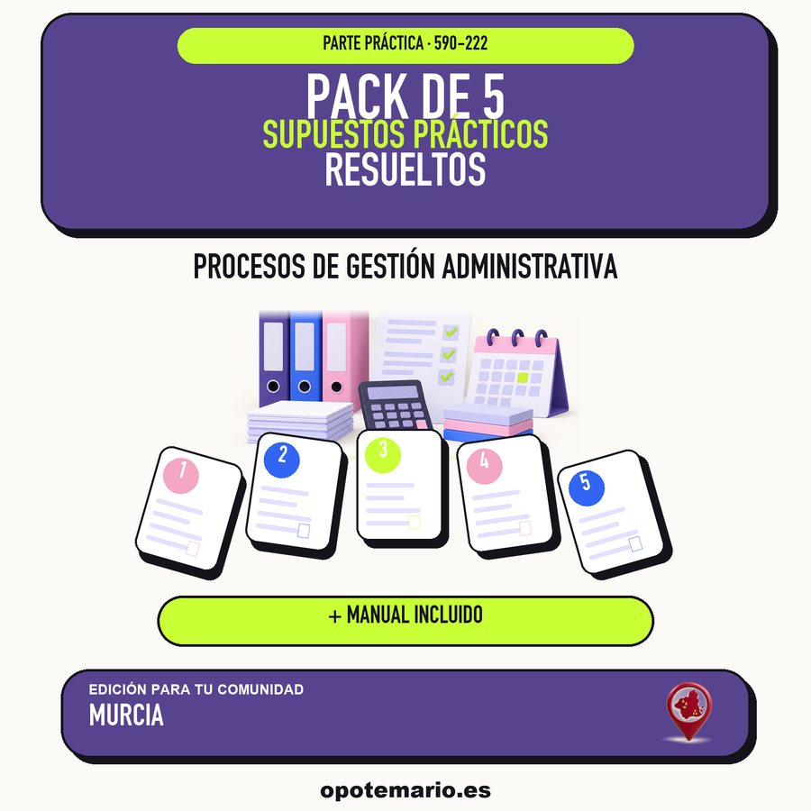 Pack de 5 supuestos prácticos resueltos de Procesos de Gestión Administrativa en Murcia. Incluye manual específico. PDF de Opotemario.