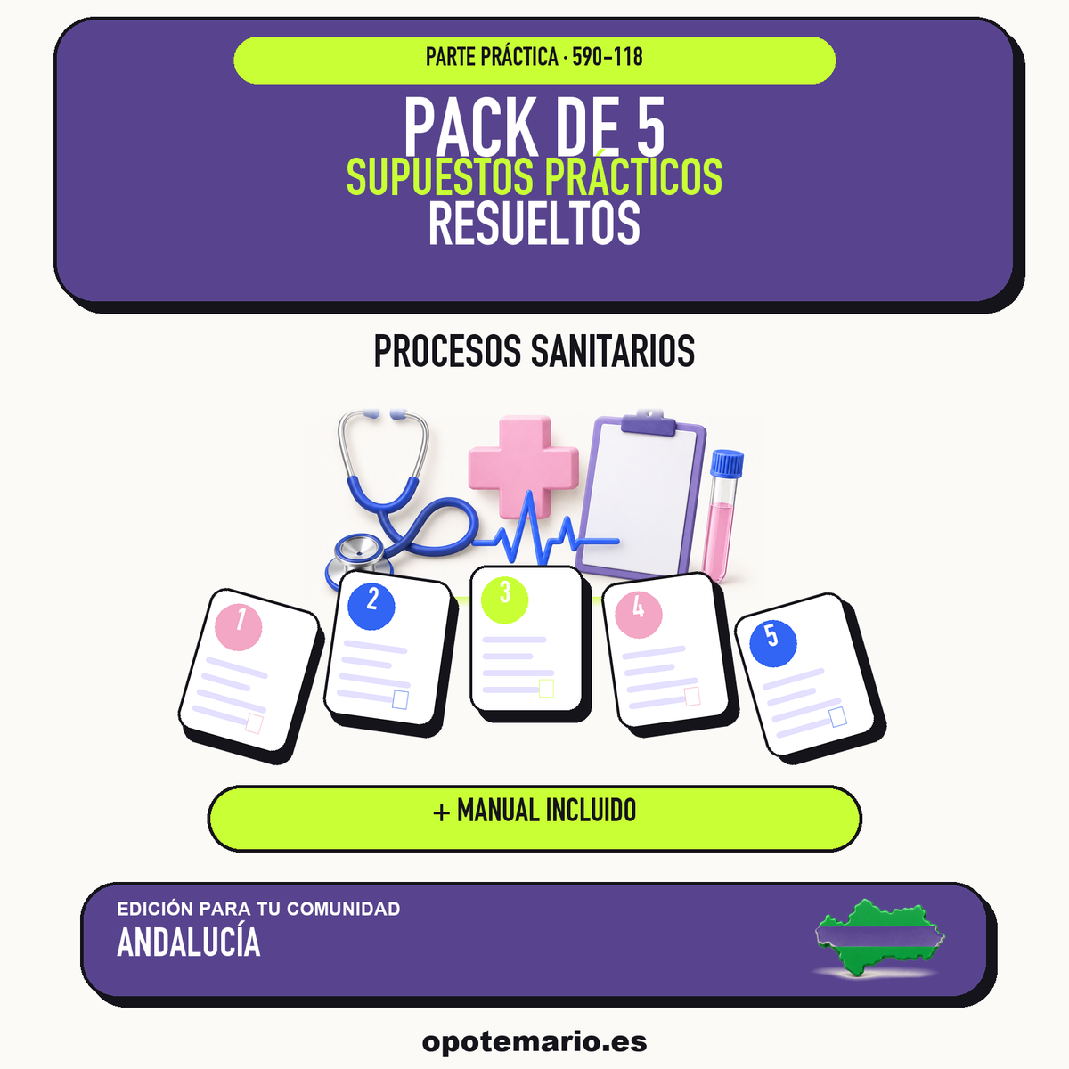 Pack de 5 supuestos prácticos resueltos de Procesos Sanitarios en Andalucía. Incluye manual específico. PDF de Opotemario.